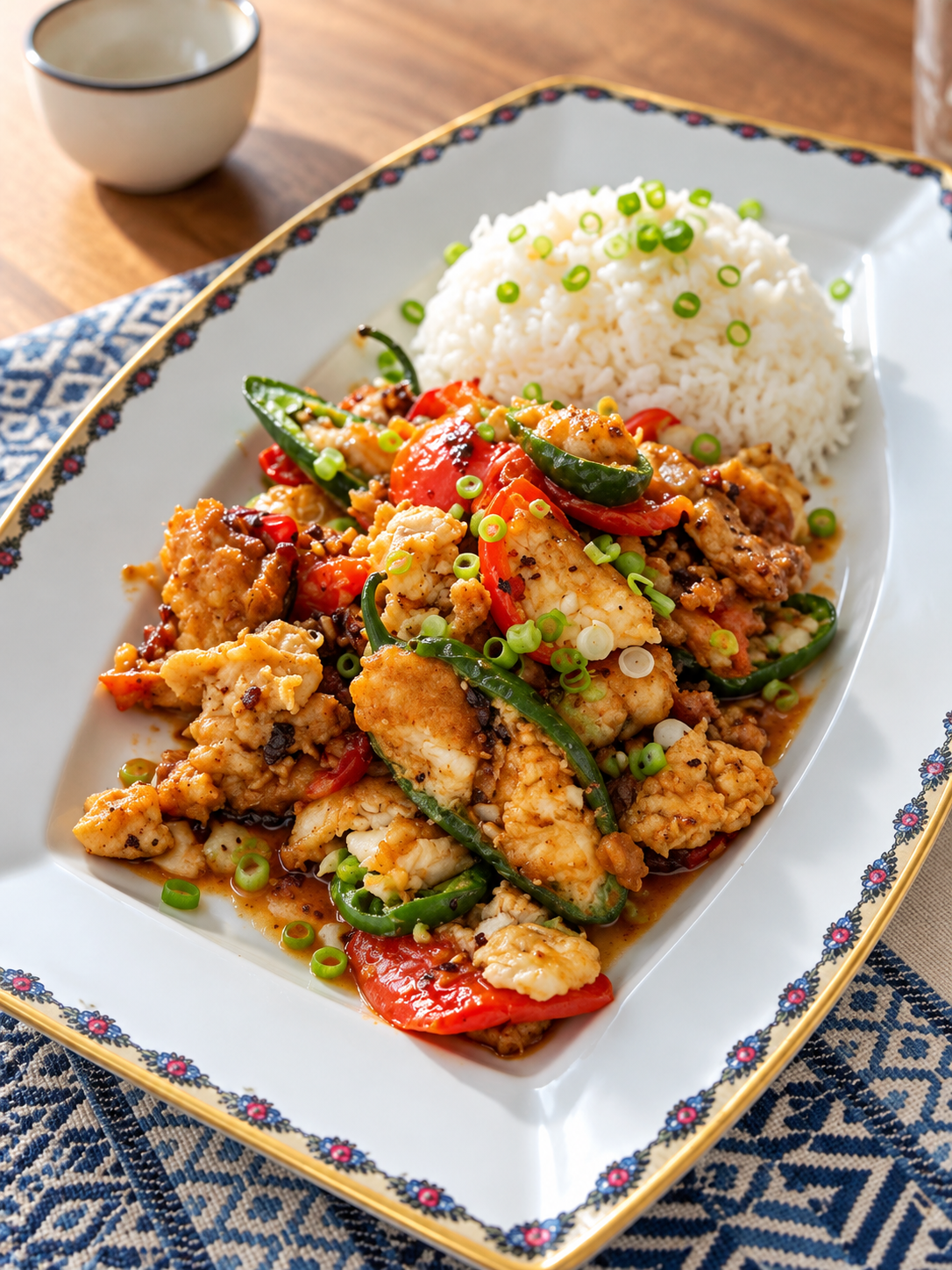 Chiles suaves rellenos de pescado y jengibre al wok