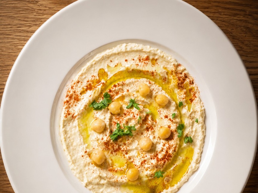 Hummus casero cremoso con garbanzos, aceite de oliva y perejil