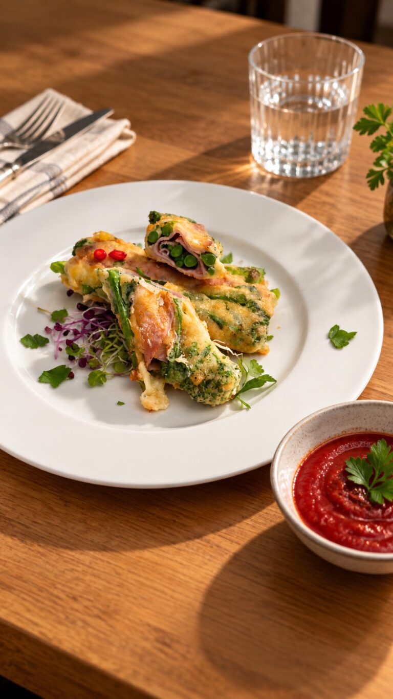 Bimi relleno de jamón cocido y queso Manchego envuelto en huevo, servido con salsa de tomate