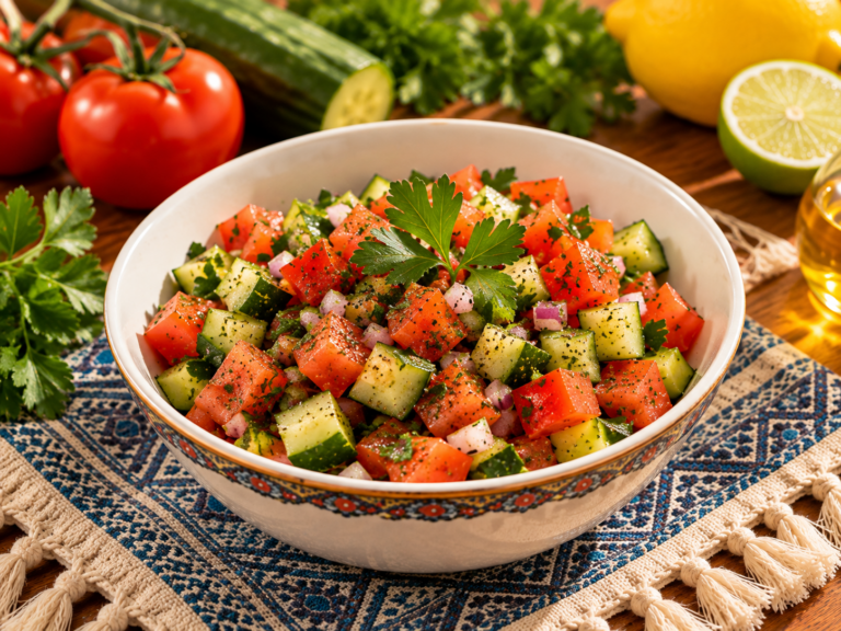 Ensalada árabe fresca de tomate pepino cebolla y perejil en un cuenco