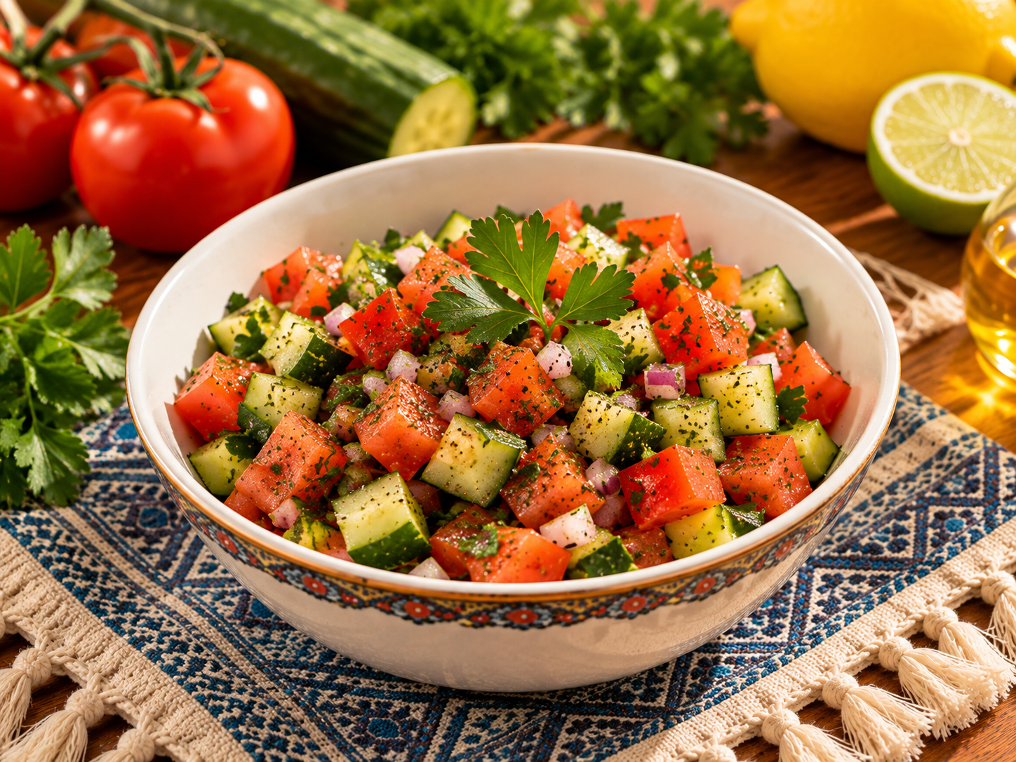 Ensalada árabe fresca de tomate pepino cebolla y perejil en un cuenco