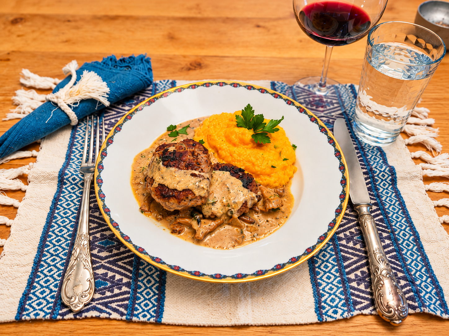Hamburguesas alemanas caseras con salsa cremosa de setas y dúo de calabaza y patata