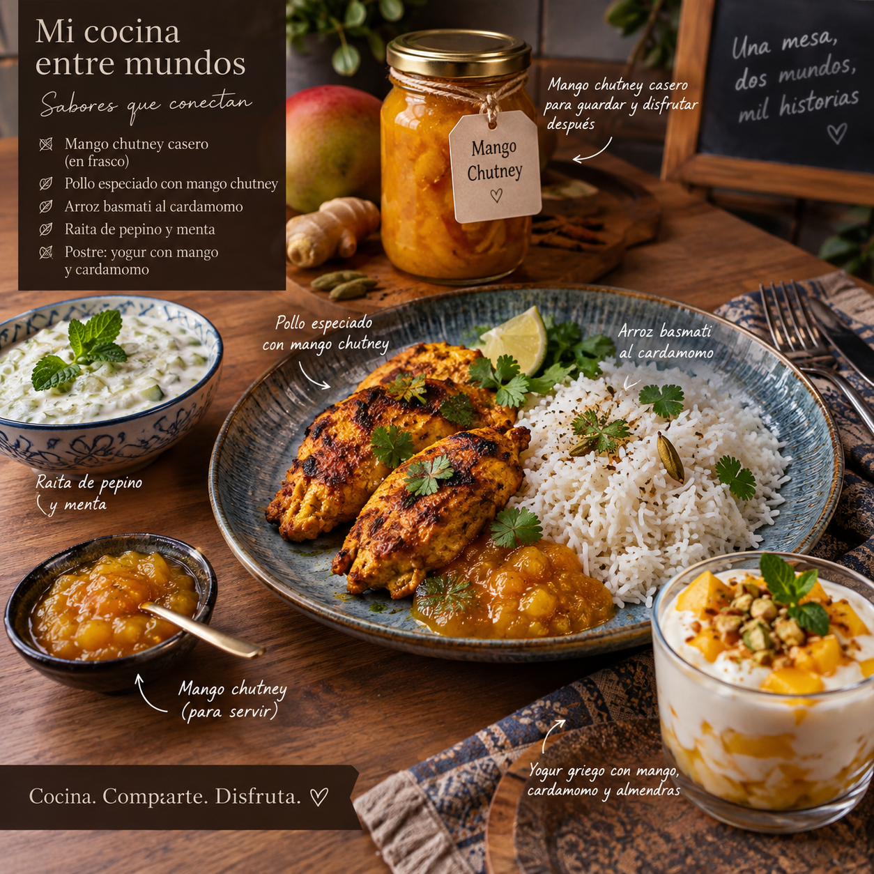Menú con samosas, pollo especiado, arroz basmati, raita y mango chutney
