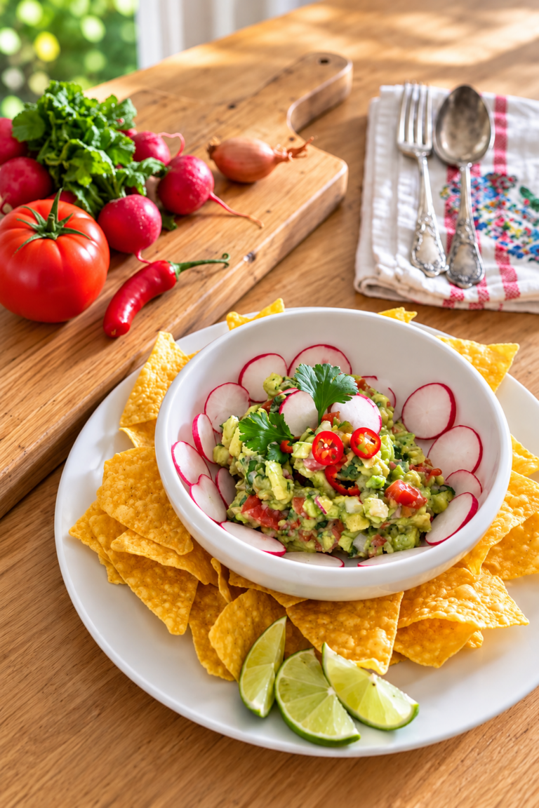 Nachos con guacamole fresco casero, rábano, chile, cilantro y lima