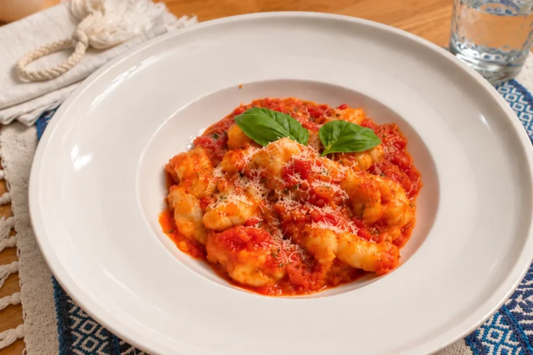 Ñoquis caseros con salsa de tomate, parmesano y albahaca en plato blanco sobre mantel azul