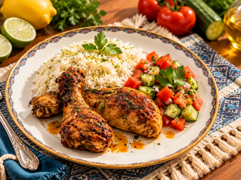Piernas de pollo doradas con arroz de limón y lima y ensalada fresca