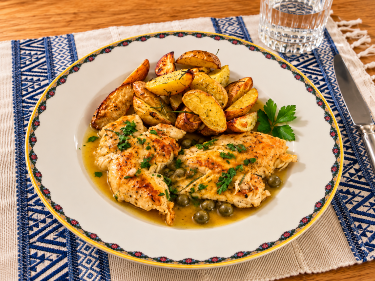 Pollo dorado con salsa cremosa de limón y alcaparras junto a patatas asadas al romero