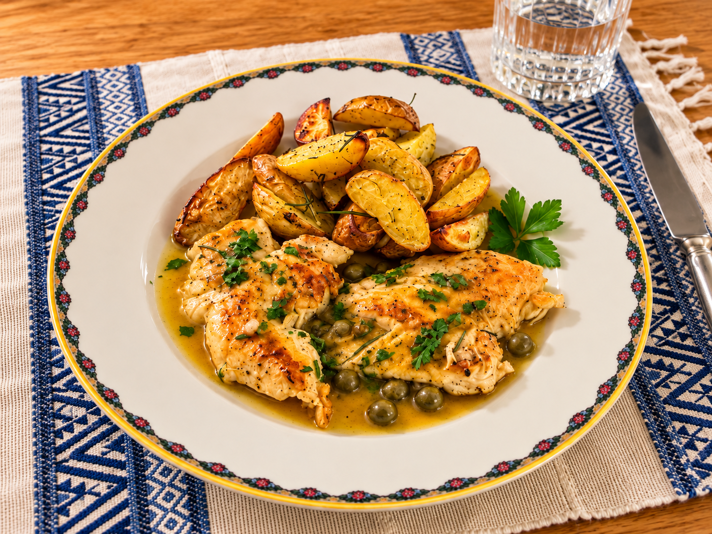 Pollo dorado con salsa cremosa de limón y alcaparras junto a patatas asadas al romero