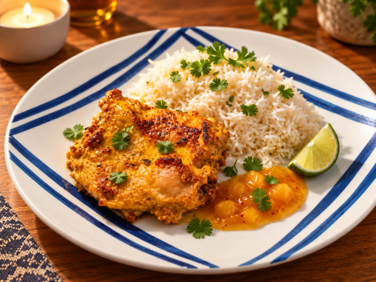 Pollo especiado estilo tandoori suave con arroz basmati y mango chutney
