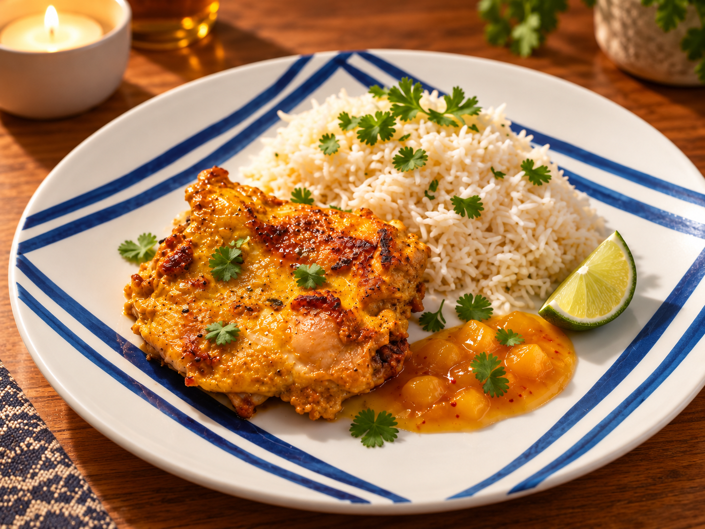 Pollo especiado estilo tandoori suave con arroz basmati y mango chutney
