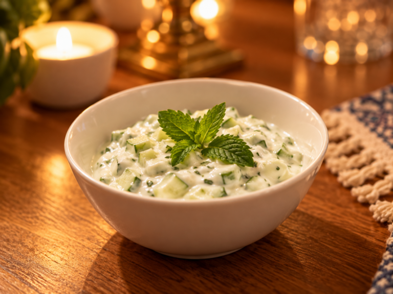 Raita de pepino y menta en bowl blanco