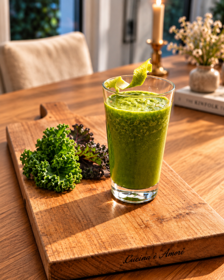 Smoothie verde de manzana, kale y limón servido en vaso alto