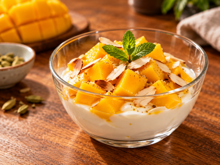 Yogur griego con mango, cardamomo y almendras tostadas